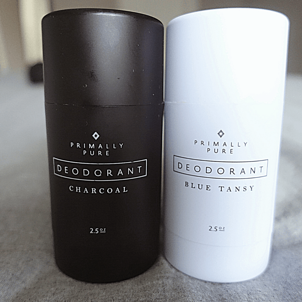 non-toxic deodorant, primally pure charcoal and blue tansy deodorant next to eachother