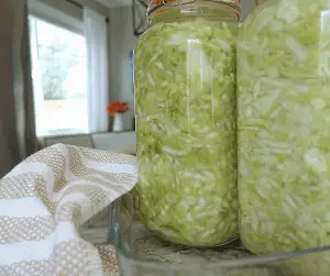 lacto fermented sauerkraut in fermenting mason jars and tea towel