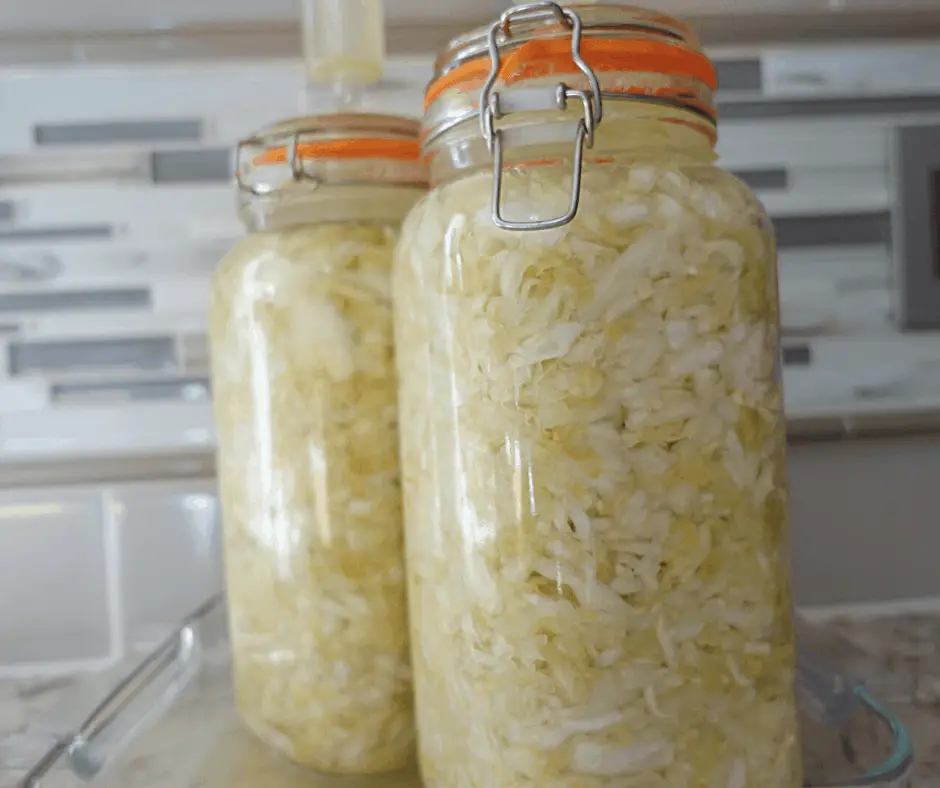 sauerkraut lacto fermented in fermenting mason jars inside a caserole dish on a granite countertop