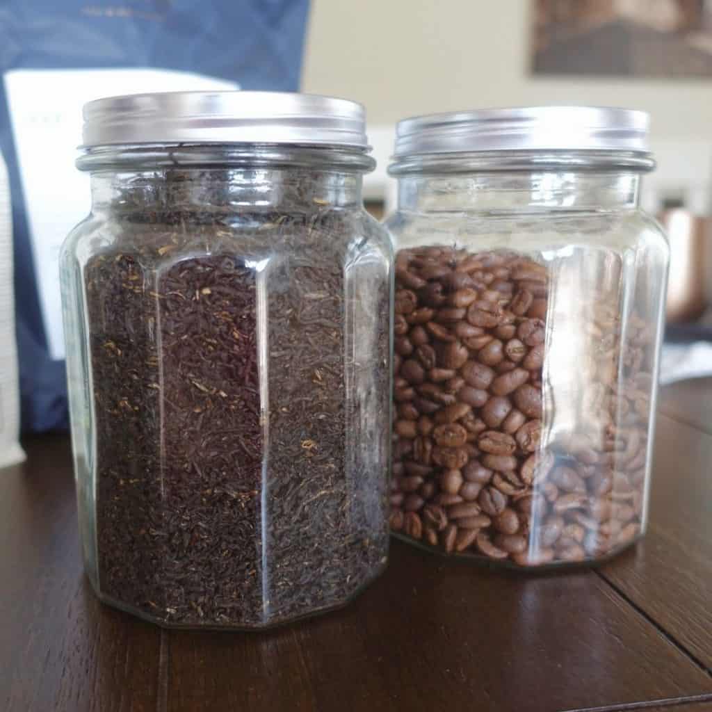 coffee and tea storage inside jars from the dollar store