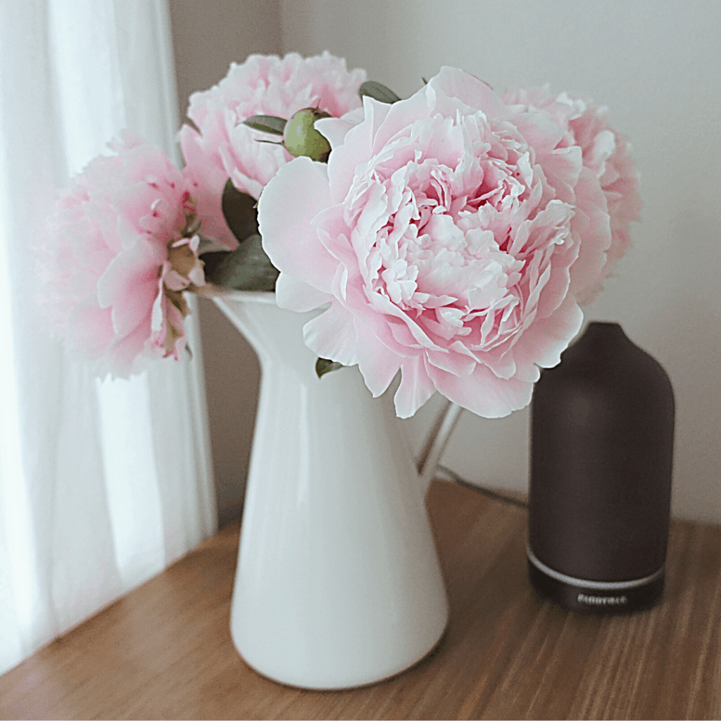 bright pink peonies in a farmhouse white vase and a paddywax essential oil diffuser