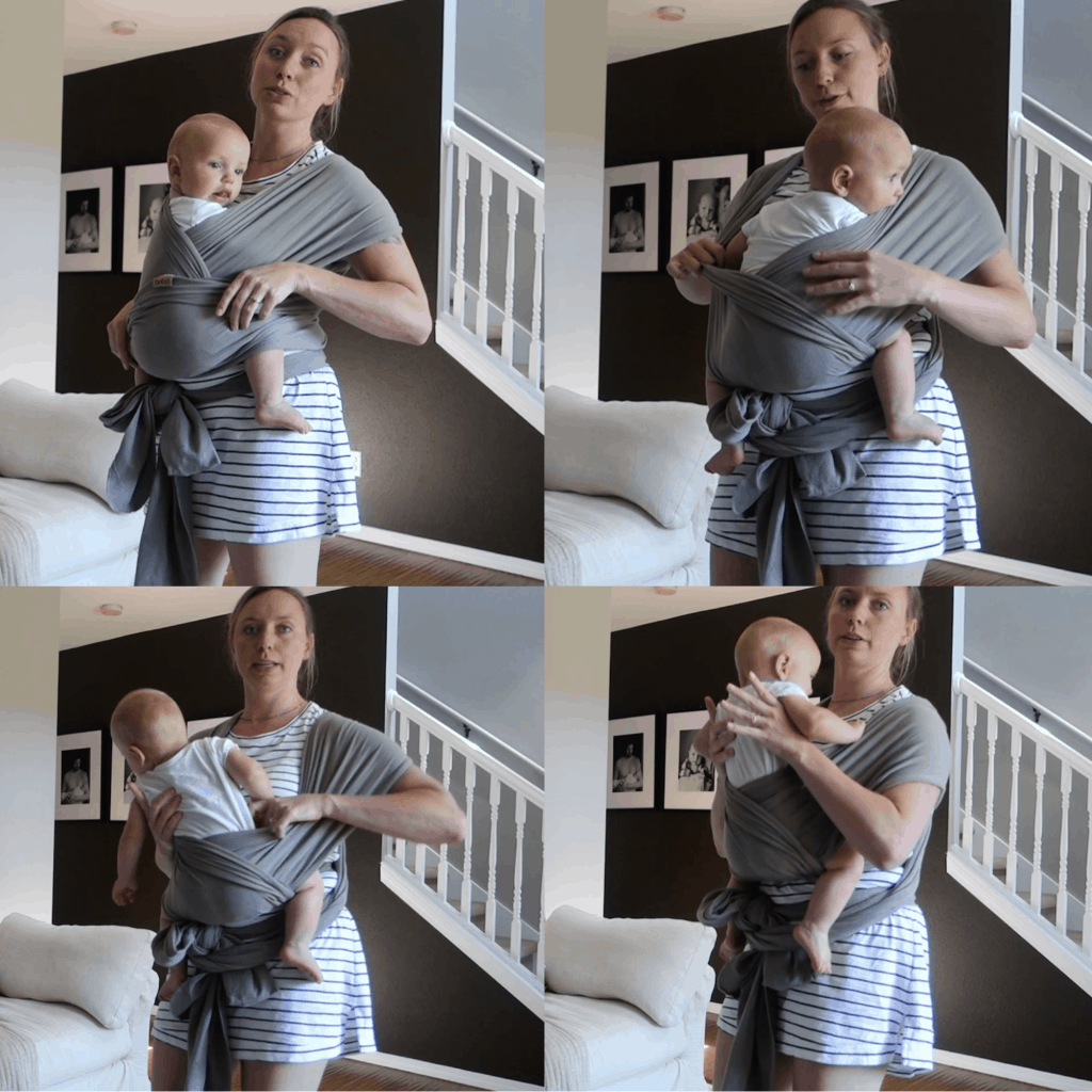 hug hold carry baby wrap instructions for taking baby out of wrap using a grey boba wrap with a black wall in the background