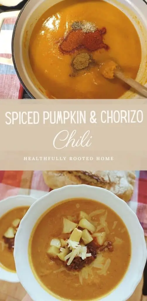 This is a heart healthy chili recipe that's perfect for fall! The smokey chili flavors, crispy chorizo, spiced pumpkin and glazed apples taste like fall in a bowl!