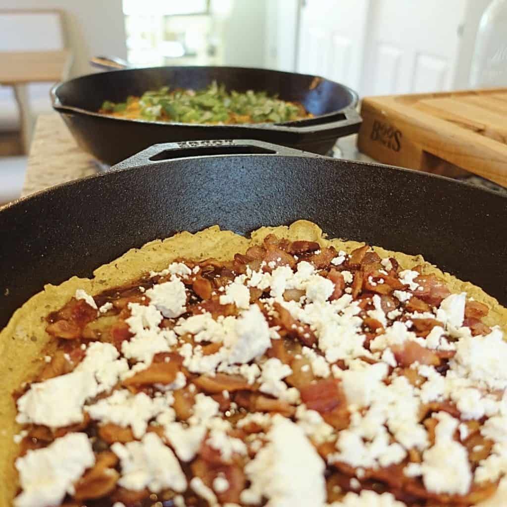 sourdough pizza made in cast iron skillets with bacon and goat cheese and fig jam