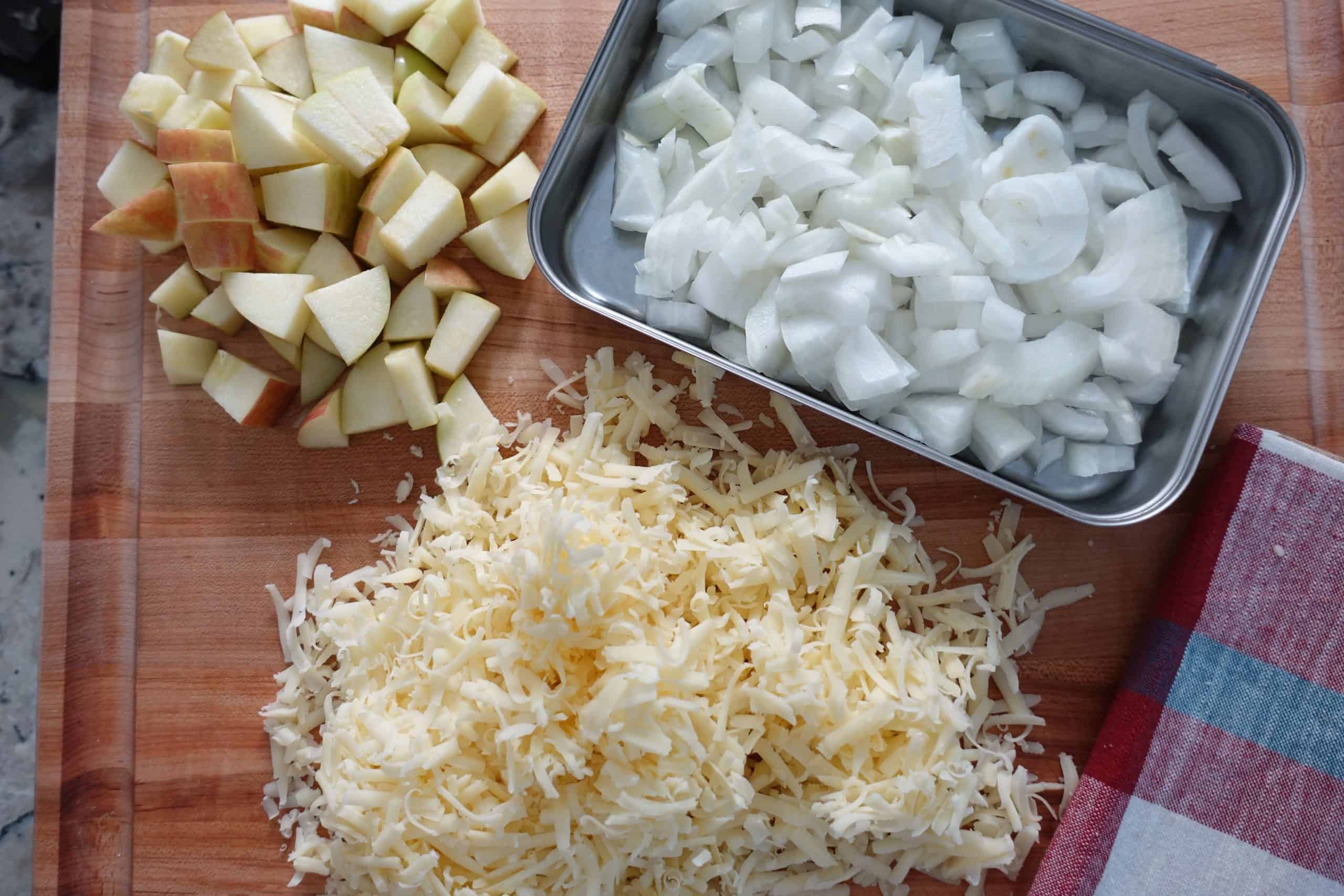 heart healthy chili diced ingredients diced apples onions and shredded cheese