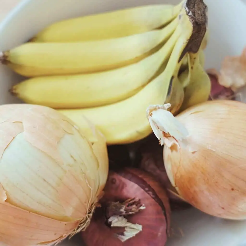healthfully rooted home grocery haul bananas onions in a bowl