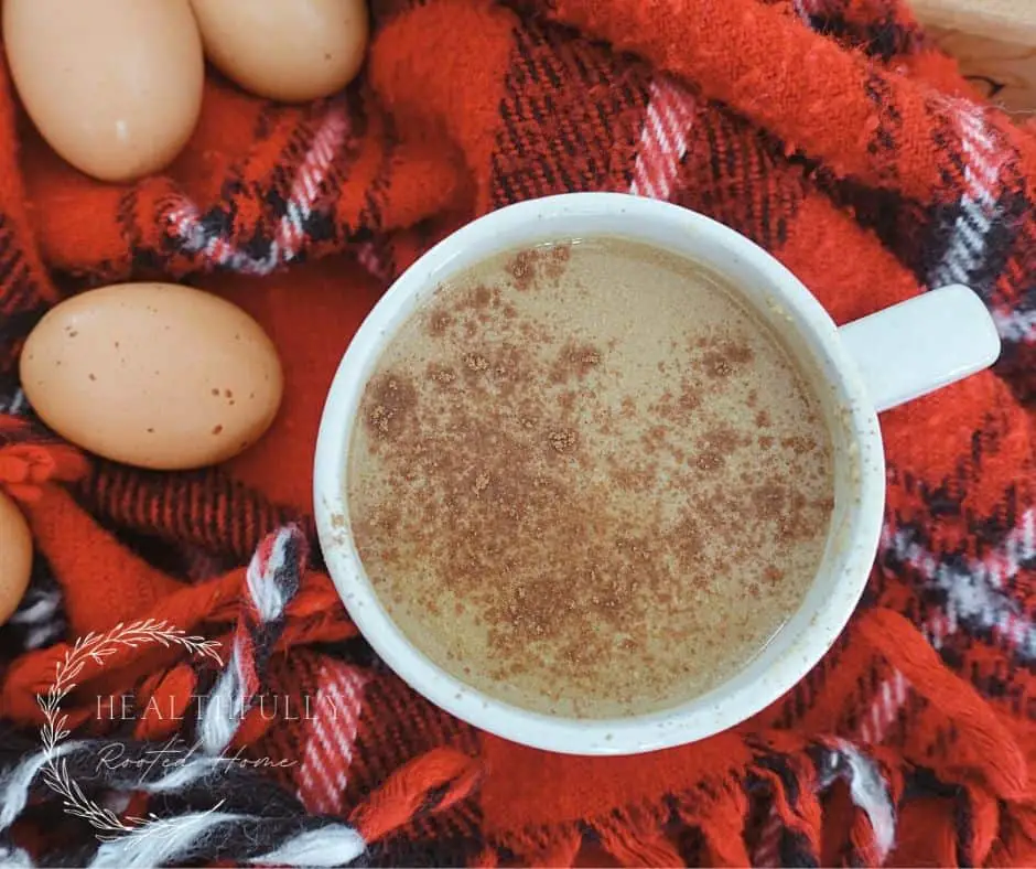 eggnog latte with cinnamon sprinkled on top on top a flannel blanket with eggs surrounding the coffee mug
