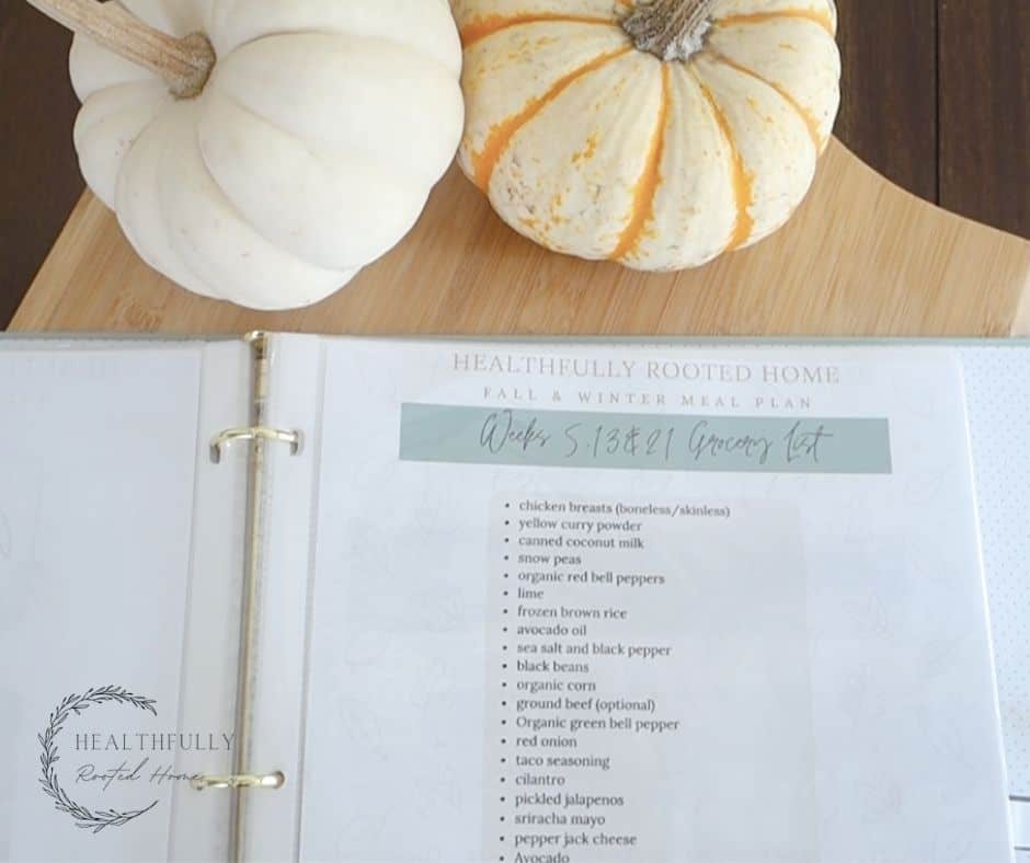 grocery list in a rotating meal plan binder for busy mom to quickly browse. 