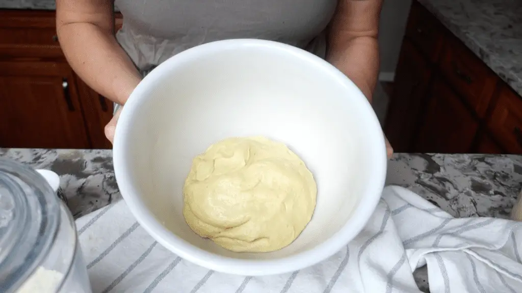 einkorn sourdough tortilla dough in a ceramic bowl before the long ferment