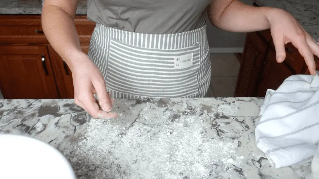 dusting countertop with einkorn flour