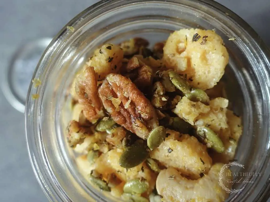 savory trail mix top view with nuts and cheese crisps