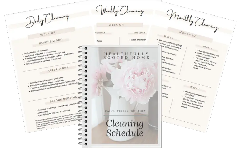 cleaning schedule from healthfully rooted home with a daily monthly and weekly schedule laid out as a stack of papers
