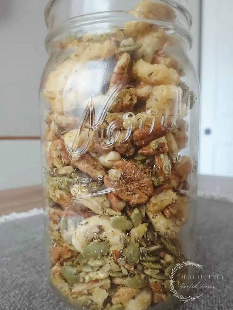 savory trail mix in a glass mason jar