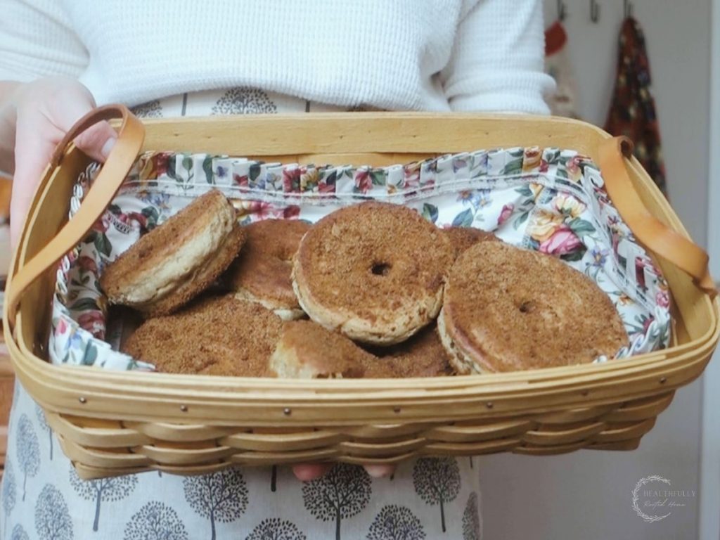 sourdough donuts with cinnamon sugar in a longaberger basket with floral liner