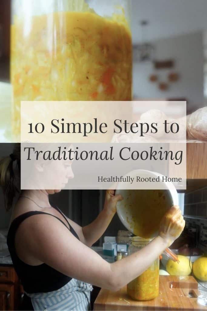 10 simple steps to traditional cooking curry kraut with ginger root on top with kyrie from healthfully rooted home pouring curry kraut brine into a fermenting jar on bottom