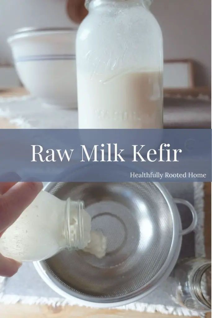 raw milk kefir with ceramic bowl in background and strainer on bottom pouring raw kefir inside