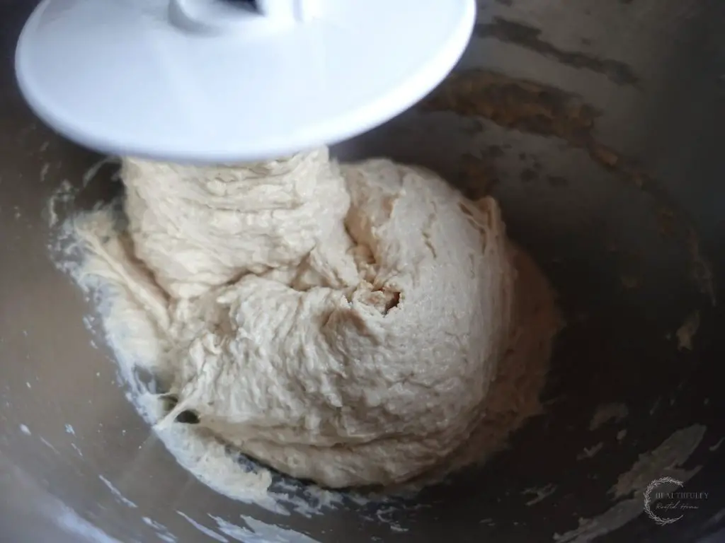sourdough in a stand mixer stainless steel bowl with a white dough hook