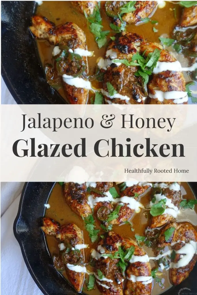 Jalapeno honey chicken tenders in a cast iron skillet 