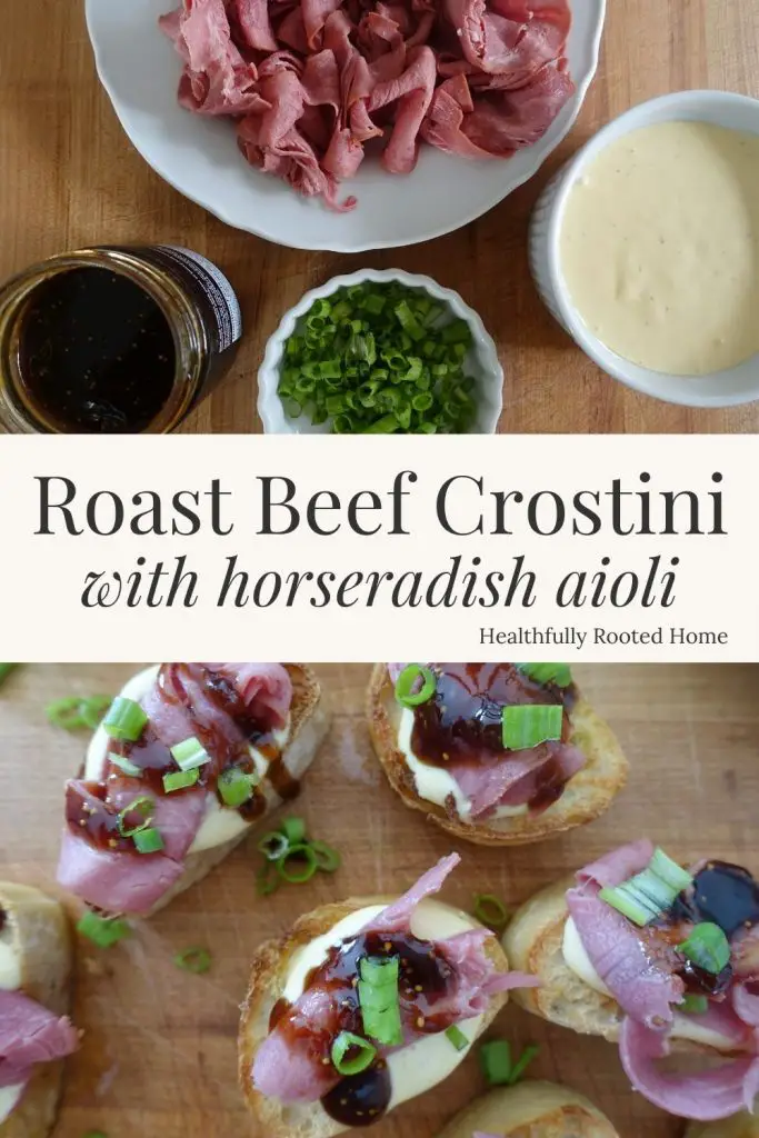 Roast beef crostini with horseradish aioli recipe - appetizer for holiday parties