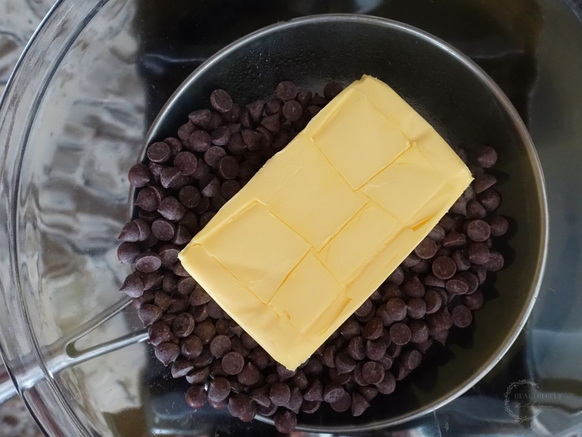 stick of butter and chocolate chips in a double boiler