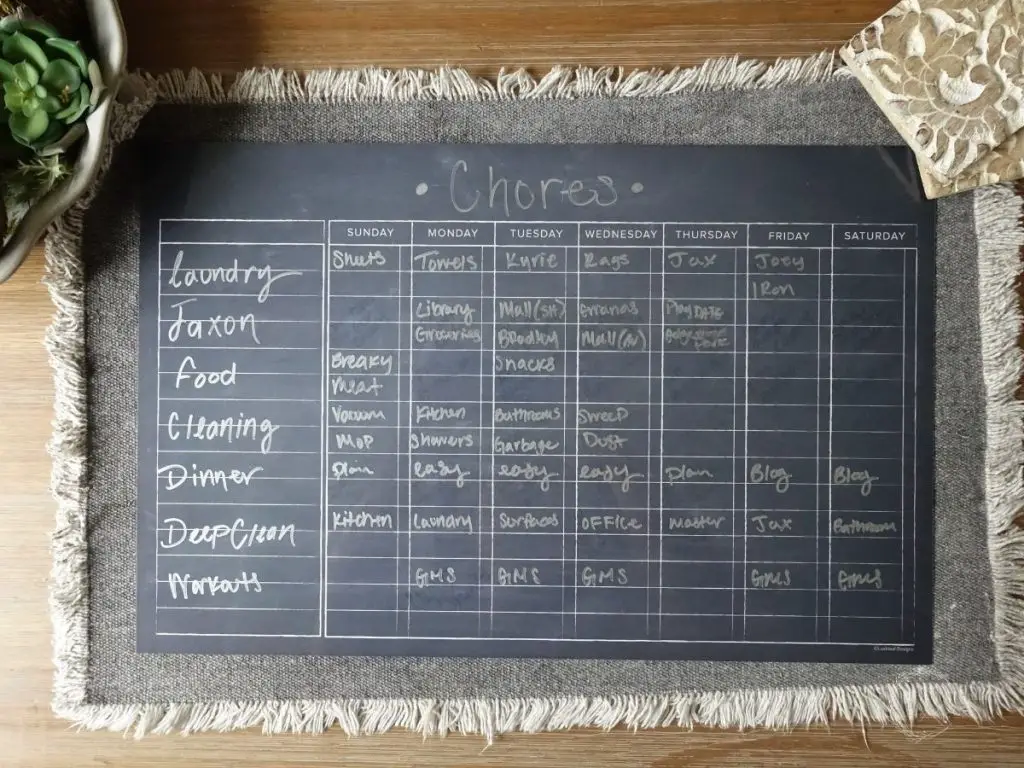 weekly cleaning schedule on a magnetic dry erase board with a pot of succulents and coasters next to it
