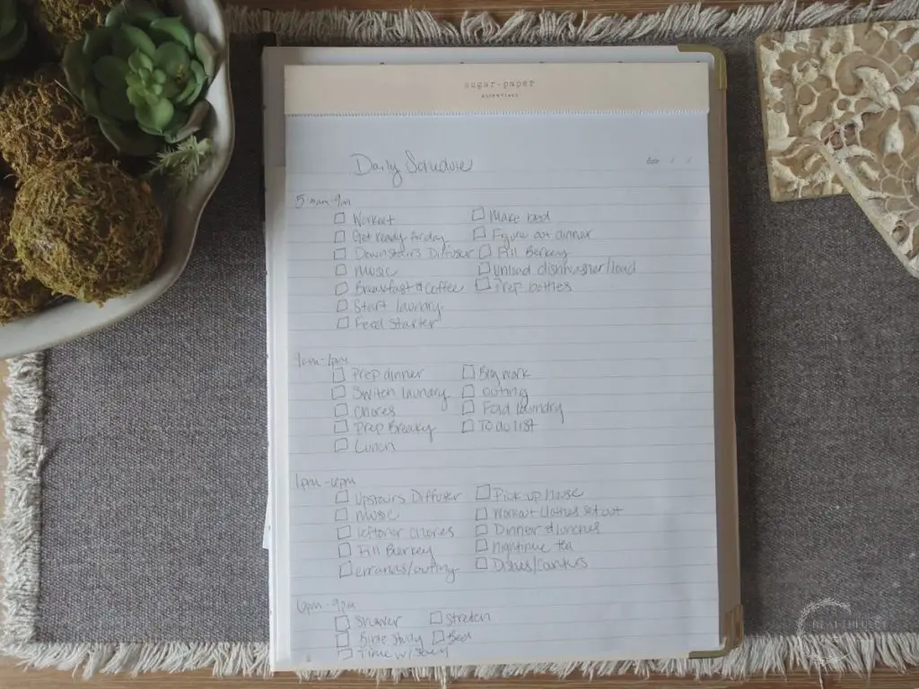 daily homemaker schedule with blocks showing which tasks need to be completed and when with a pot of succulents and coasters on the side