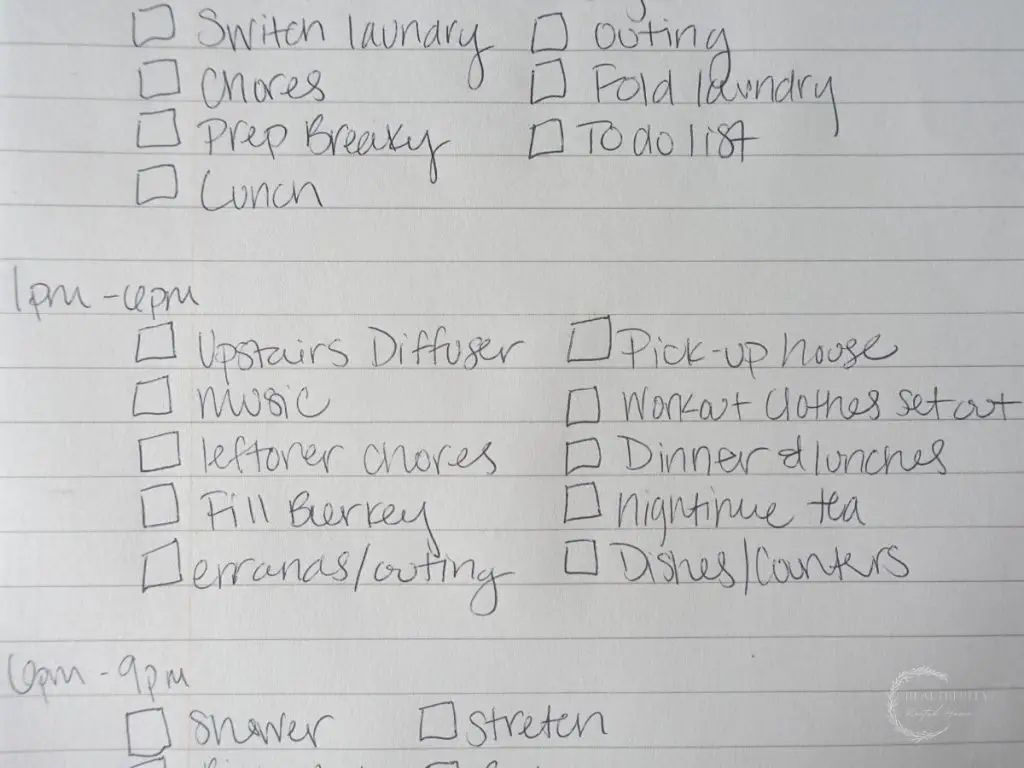 afternoon block tasks for a daily homemaking schedule handwritten in a homemaking binder notepad