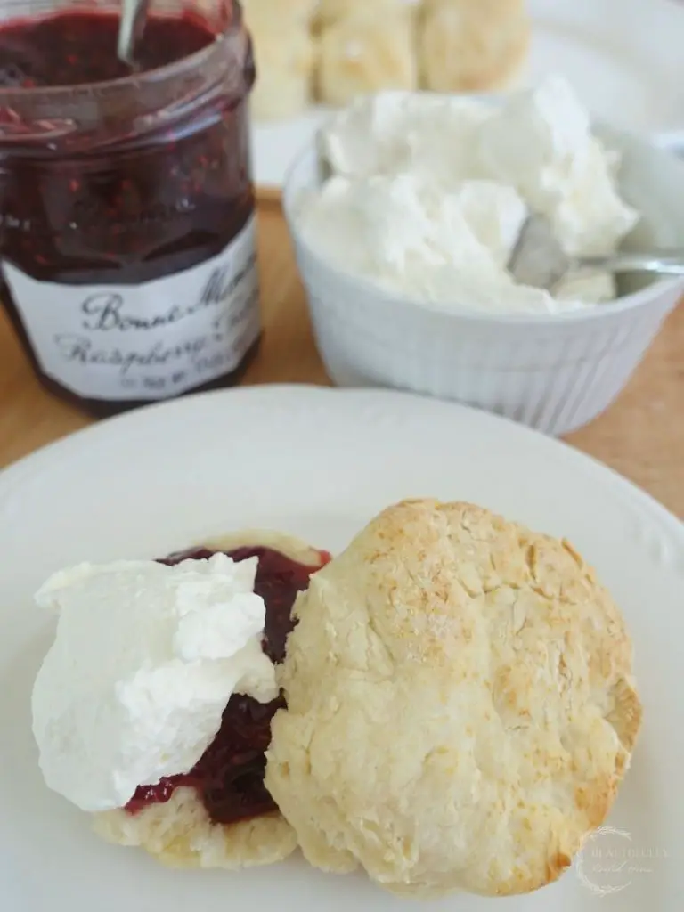 baked lemonade scones with whipped cream topping and jam