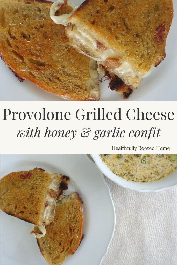 Provolone grilled cheese sandwich with honey and garlic confit