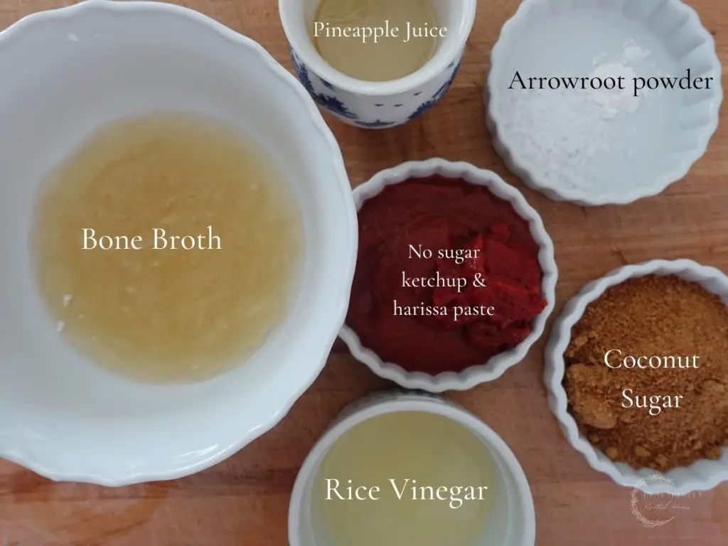 sweet and sour sauce ingredients in white bowls and labels so you can see what each item is