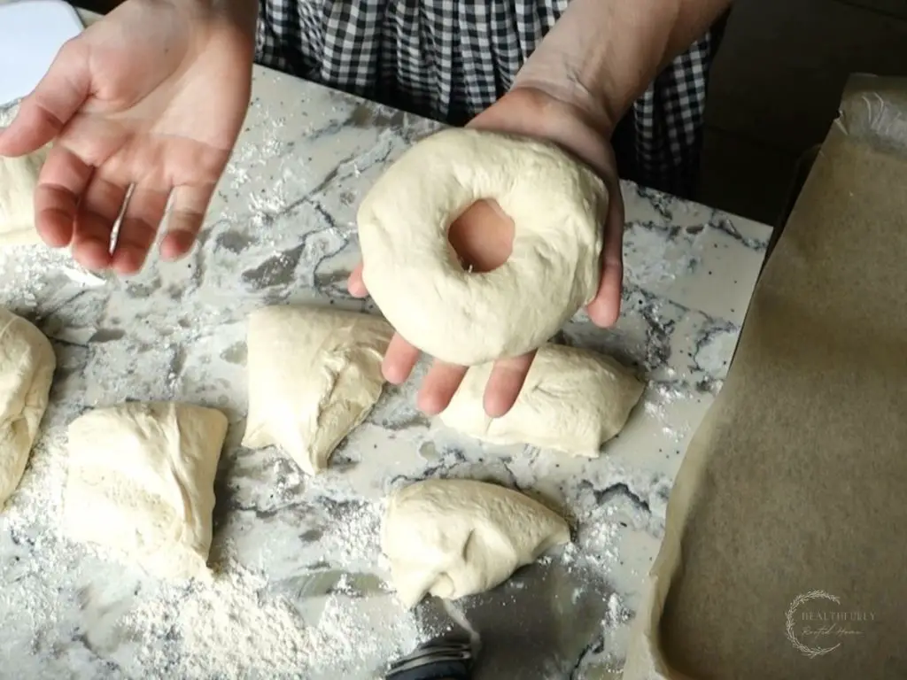 shaped bagel dough in palm of hand