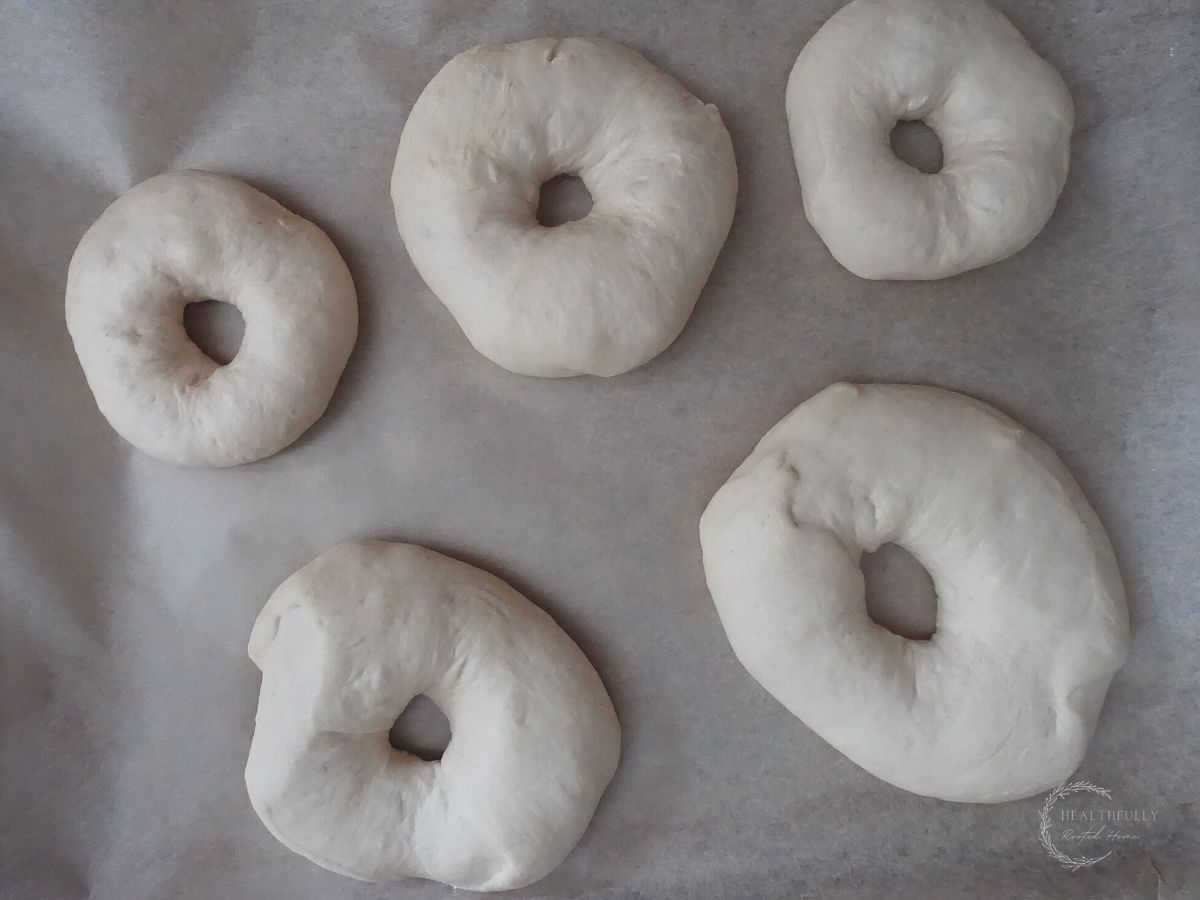 shaped zaatar bagel dough on a parchment lined baking sheet