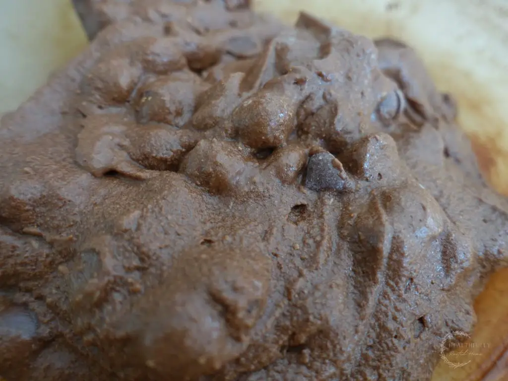 chocolate filling for sourdough babka loaves showing how it looks like brownie batter with chunks of chocolate chips