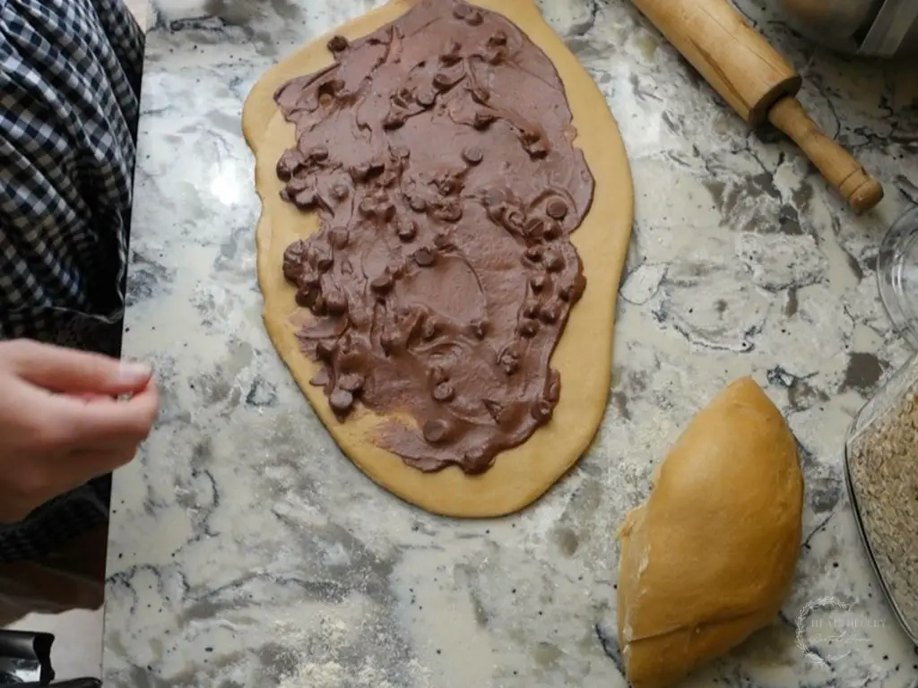 chocolate filling spread over the rolled out sourdough babka dough with about an inch of space left around the perimeter