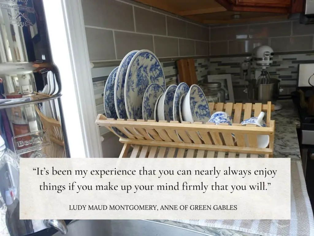 a practical homemaking quote overtop a scene of dishes drying on a drying rack