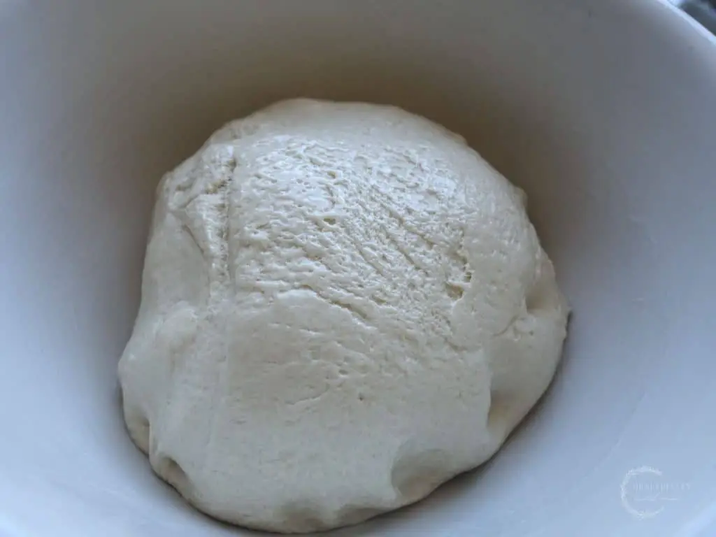ball of fermented bread dough in a large bowl fermenting