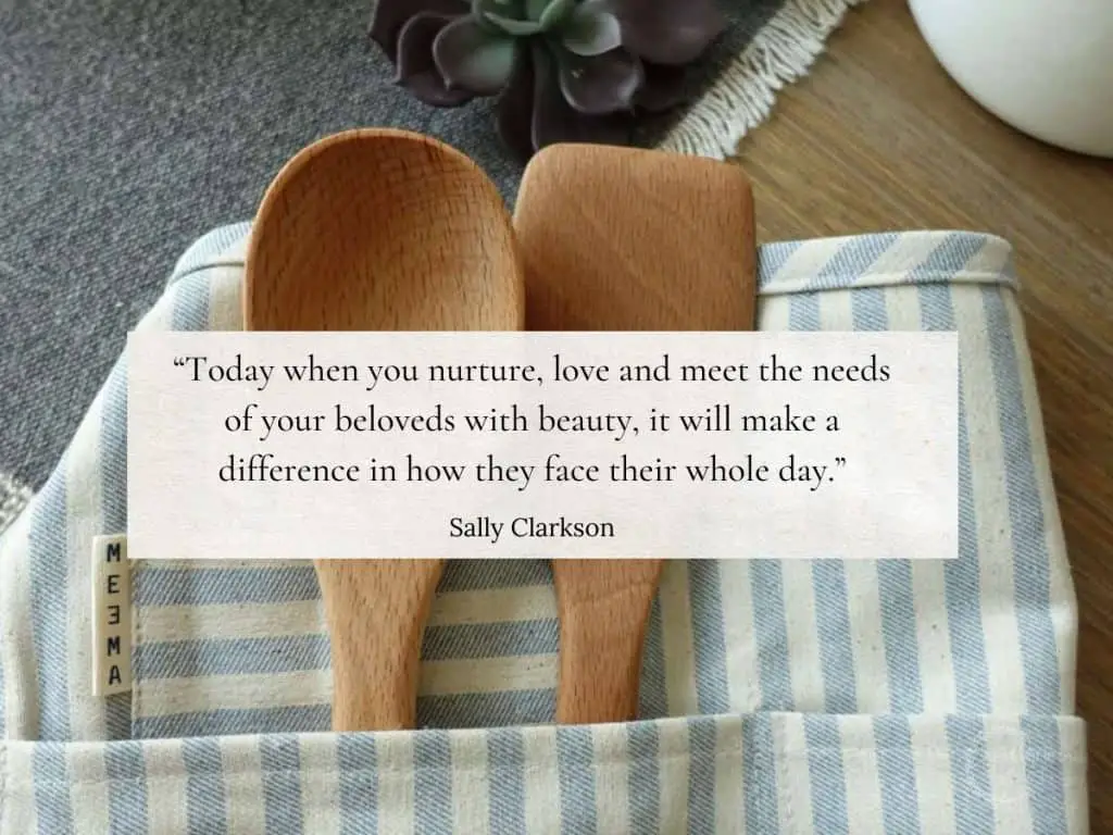 encouraging homemaking quote overtop a scene of wooden spoons inside of an apron