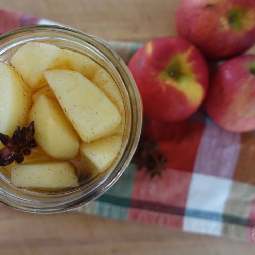 fermented apples with star anise and cinnamon in a mason jar with apples on the side