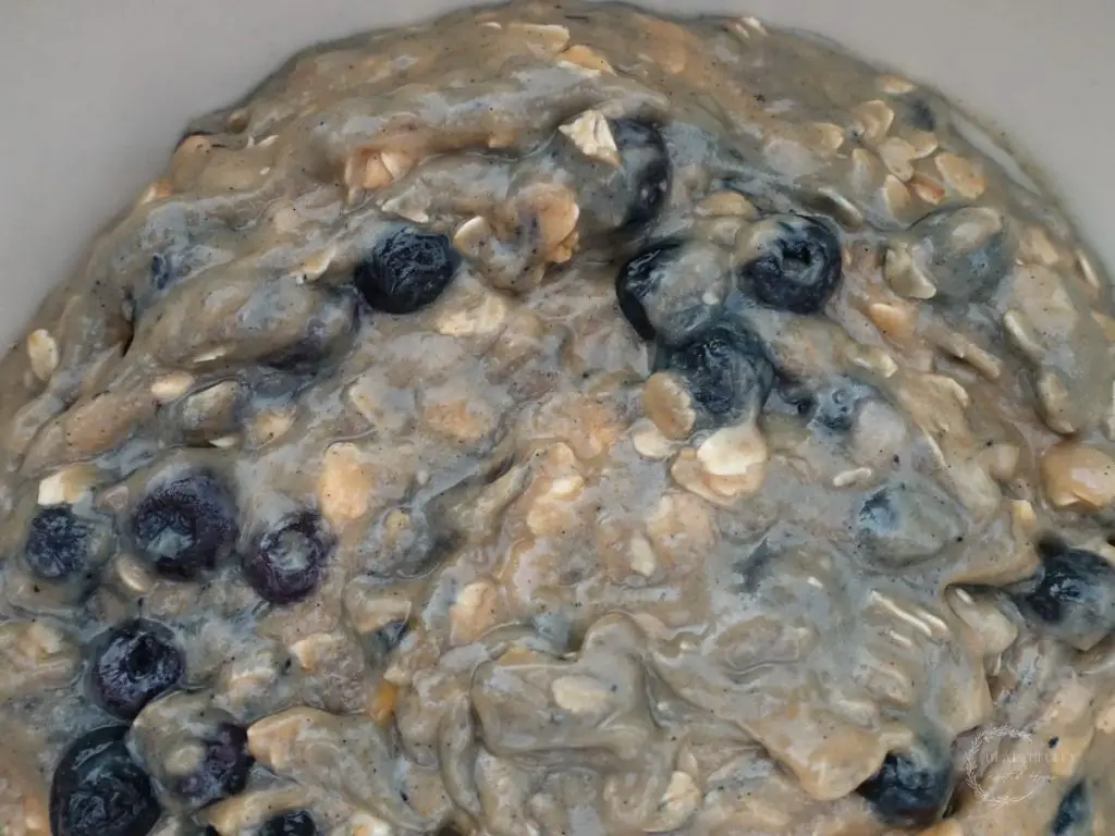 banana blueberry oatmeal muffin batter ready to place in muffin tins