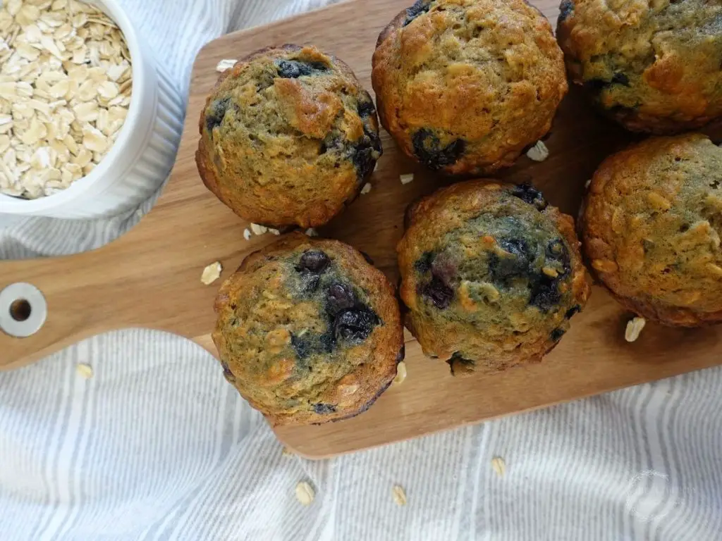 tray of oatmeal blueberry muffins