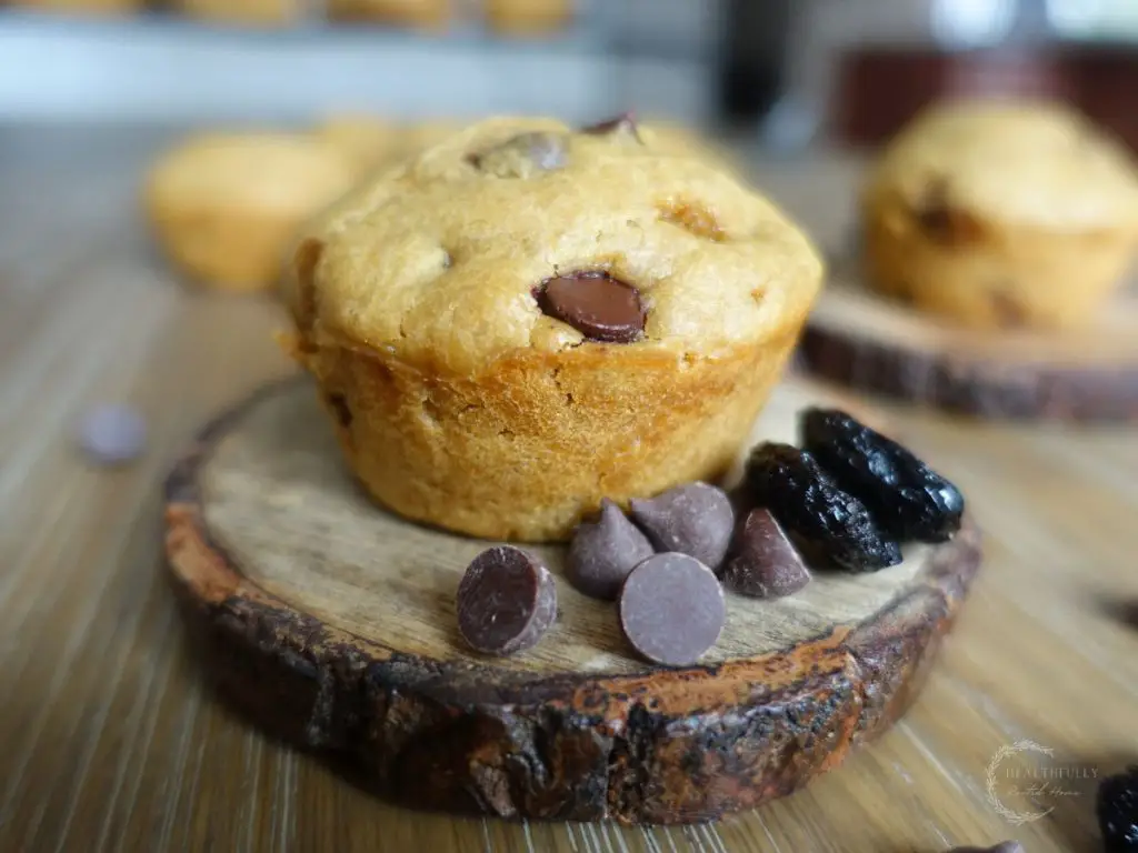 chocolate chip sourdough discard muffin with chocolate chips on the side
