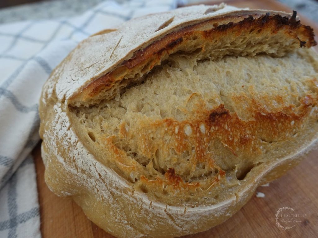 perfectly baked sourdough discard bread with a large ear