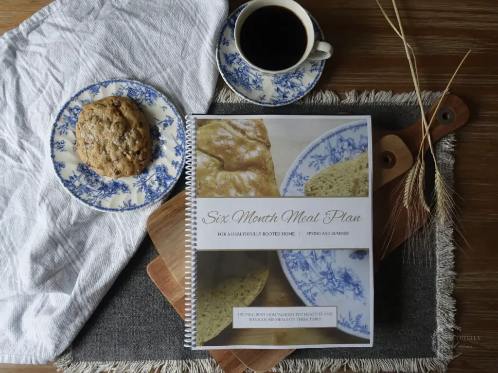 spring and summer six month meal plan in spiral bound notebook with cup of coffee and cookie on the side