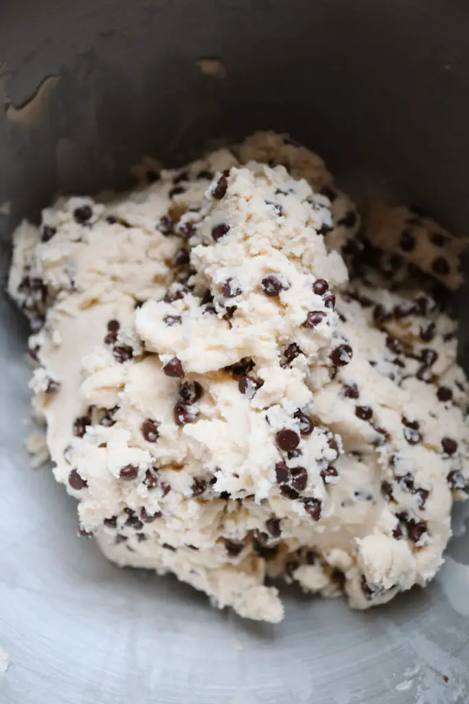 sugar cookie dough with mini chocolate chips in a bowl ready to be chilled